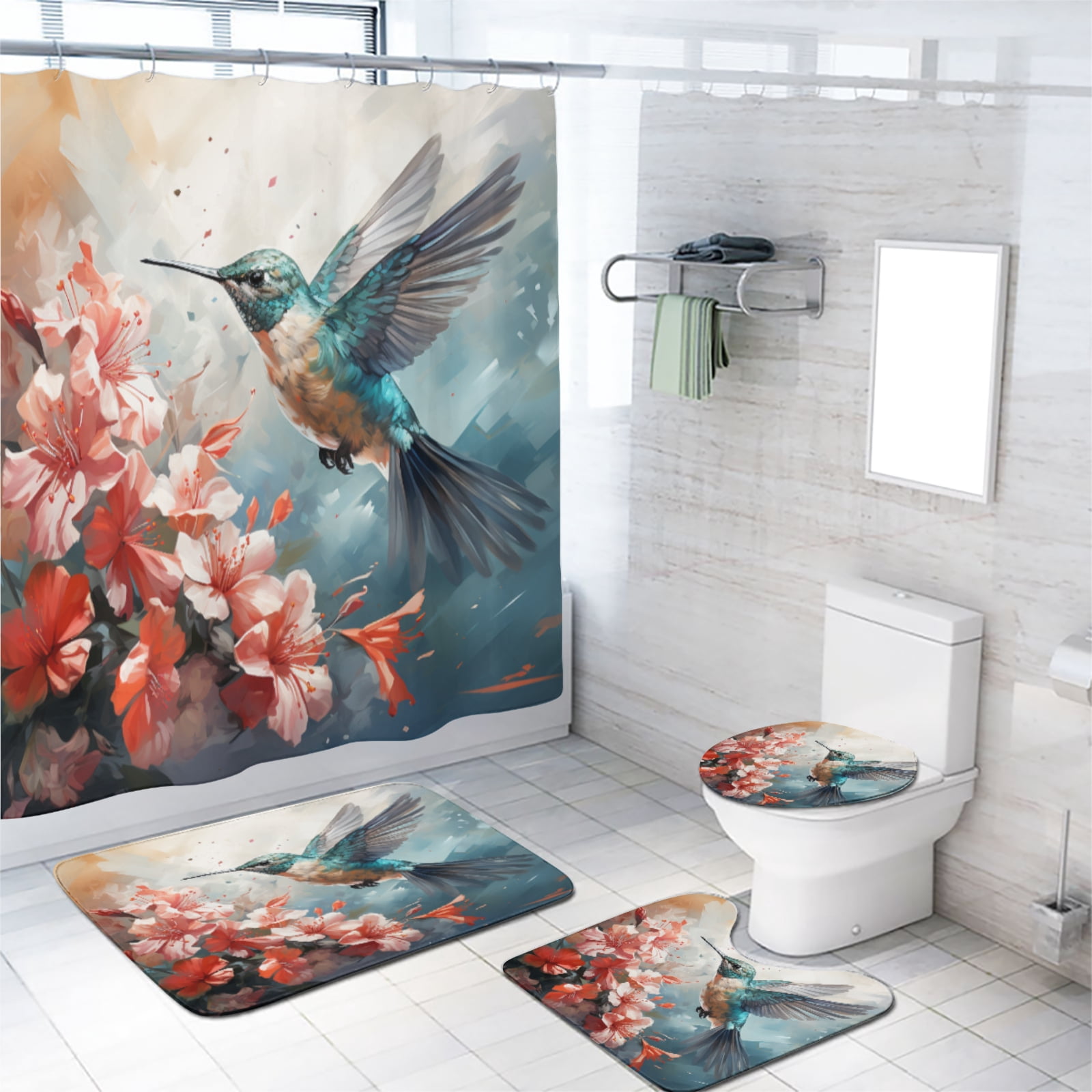 Hummingbird 4 Pieces Shower Curtain Set with Non-Slip Rug Bird Flowers Branch Floral Nature with 12 Hooks, Bath Mat Set Bathroom Decor by Durable Waterproof Fabric, 72x72 Inch