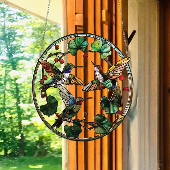 Hummingbird Acrylic 2D Window Hanging with Floral Wreath, Stained Glass Style Decor, Perfect Gift for Bird Lovers, Garden Enthusiasts, and Indoor Home Decor