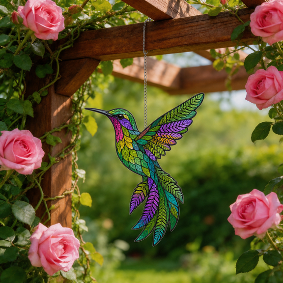 Hummingbird Acrylic Suncatcher Window Hanging Gift for Mom, Fern Garden Sun Catcher