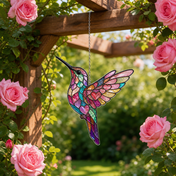 Hummingbird Acrylic Suncatcher Window Hanging Gift for Mom, Heart Wing Garden Decor