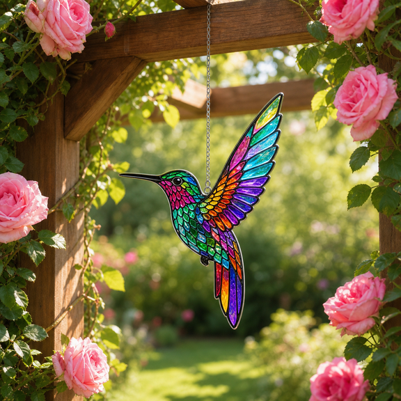 Hummingbird Acrylic Suncatcher Window Hanging Gift for Mom, Stained Glass Style Bird