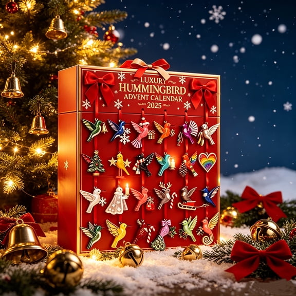 Hummingbird Advent Calendar with a Red Box,Bird Countdown Calendar, Festive Hanging Decorations Idea Gifts for Bird Lovers
