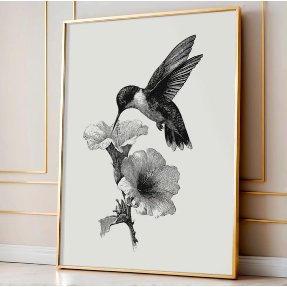 Hummingbird And Flower Sketch Print Minimalist Black White Vintage Bird Art Nature Ink Drawing, Unframed Paper Poster 8x10in