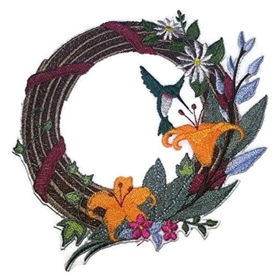 Hummingbird And Flower Wreath Embroidered Iron on/Sew patch [6" X 5"]