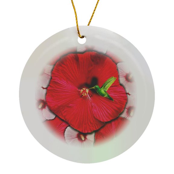 3drose, Hummingbird and Red Hibiscus, Circle Porcelain Ornament