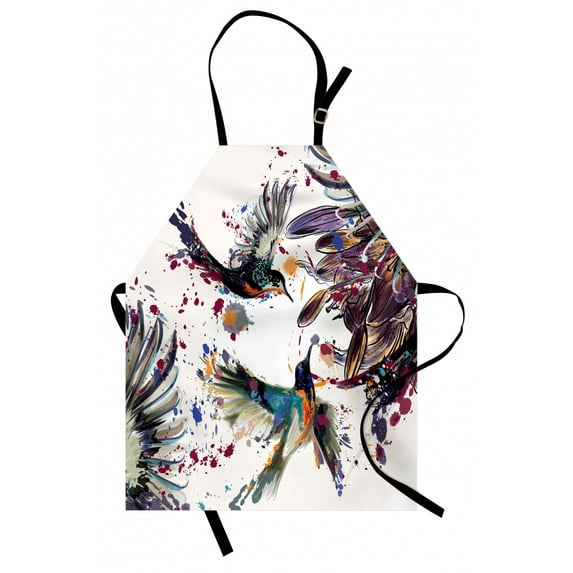 Hummingbird Apron Art with Lily Flowers Birds and Color Splashes in Watercolor Painting Style, Unisex Kitchen Bib Apron with Adjustable Neck for Cooking Baking Gardening, Orange Blue, by Ambesonne