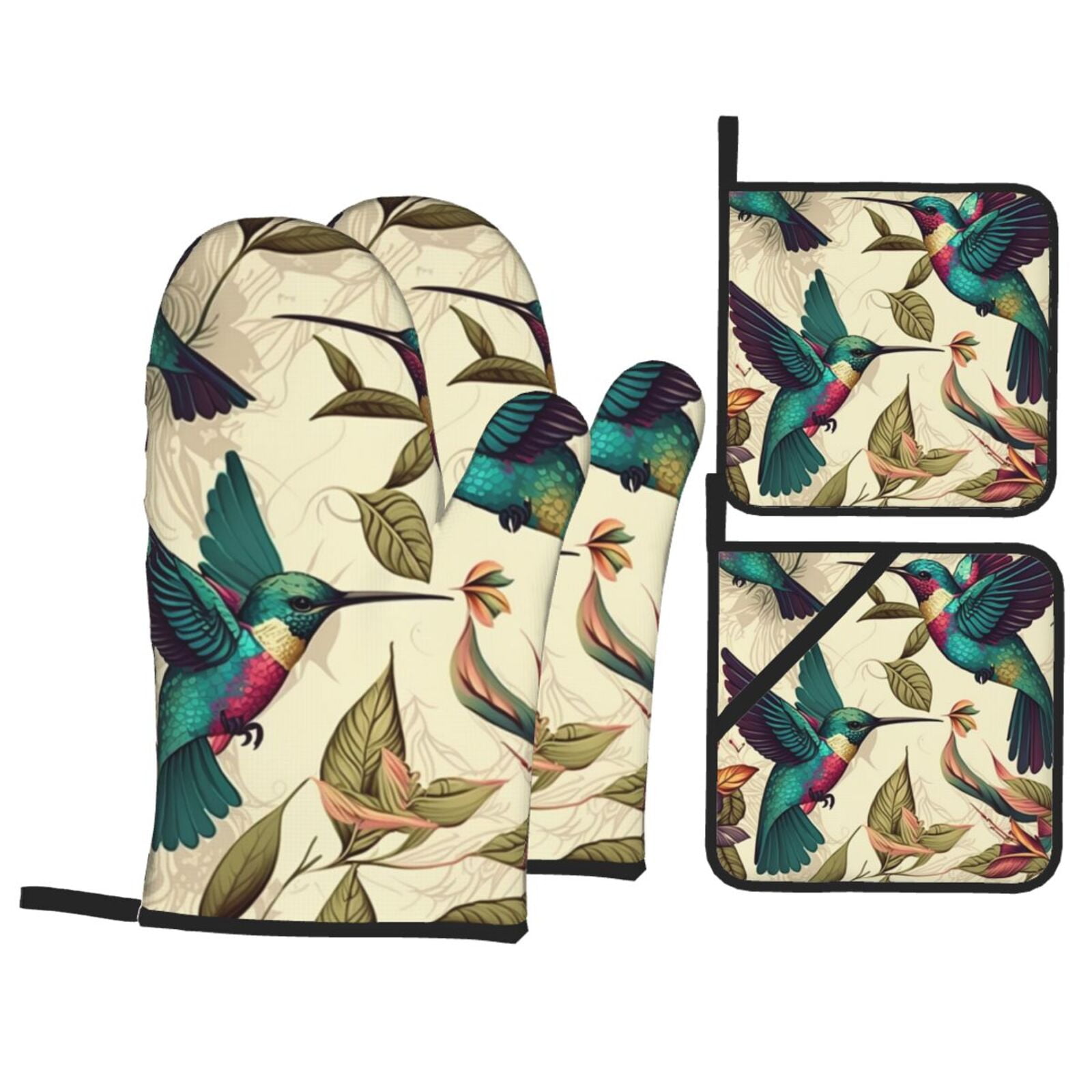 Hummingbird Art Vintage 4Pcs Oven Mitts and Pot Holders Sets Oven Kitchen Gloves Hot Pads for Cooking BBQ Baking Grilling