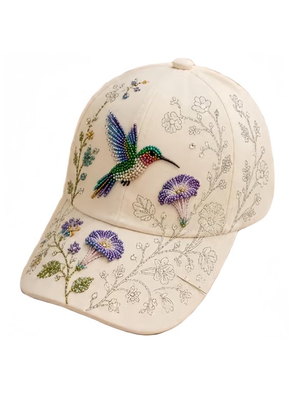 Hummingbird Beaded Hat DIY Craft Kit, Flocked Canvas and Fade-Resistant Pearl Beads Floral Hat Decor, Creative Art Hobbies for Adults and Beginners