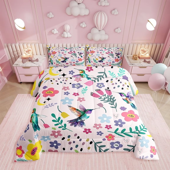 Hummingbird Bedding,Cartoon Bird Comforter Twin,Tropical Botanical Flower Leaf Animals Print Comforter Set ,Kawaii Quilt Set with 1 Comforter and 1 Pillow Case