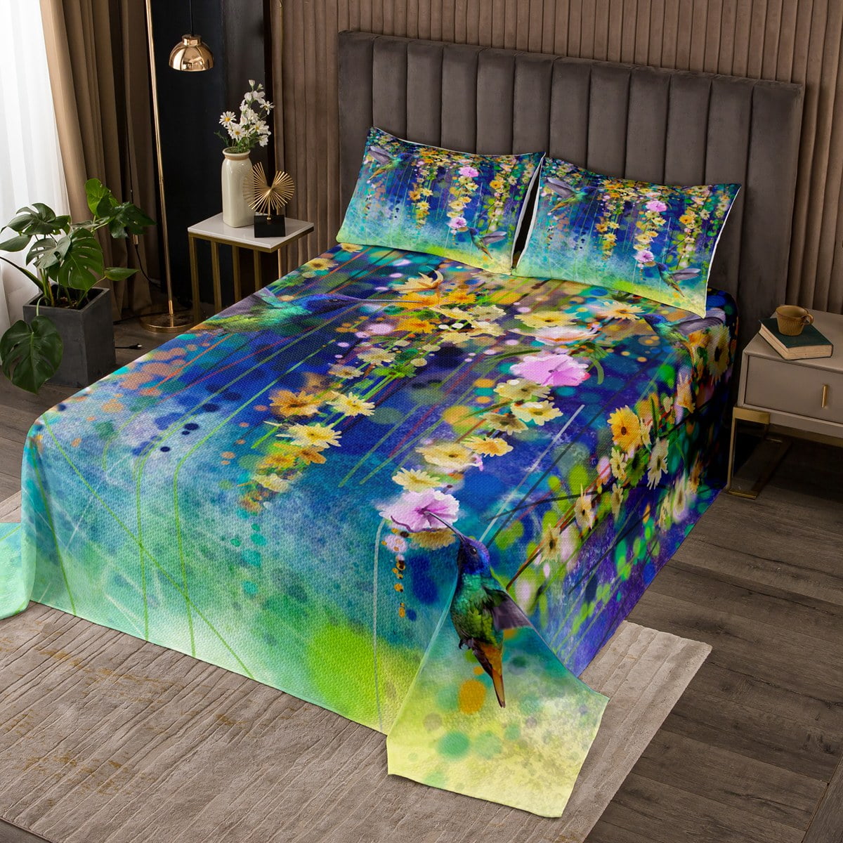 Hummingbird Bedspread Set Ivy Flowers Quilt Set Queen for Girls