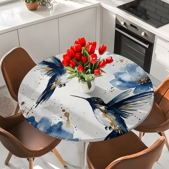 Hummingbird Bird Blue Flower Gradient Round Fitted Tablecloth with Elastic Edge,Waterproof Table Cloth Fits 36"-44"Tables,Wipeable Table Cover for Indoor Outdoor Dinning Party,Abstract Gold Splatter