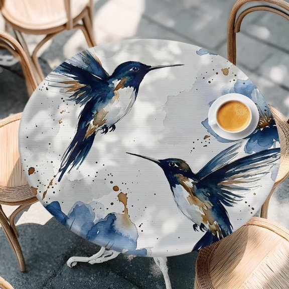 Hummingbird Bird Blue Flower Gradient Round Fitted Tablecloth with Elastic Edge,Waterproof Table Cloth Fits 55"-60"Tables,Wipeable Table Cover for Indoor Outdoor Dinning Party,Abstract Gold Splatter