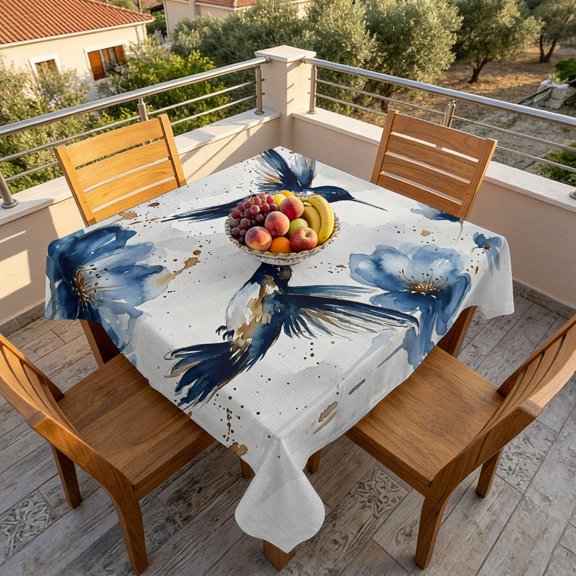 Hummingbird Bird Blue Flower Gradient Table Cloth 60x60in, Waterproof Square Tablecloth Wipeable Tablecloths Abstract Gold Splatter Table Covers for Dining Tables Party Indoor Outdoor