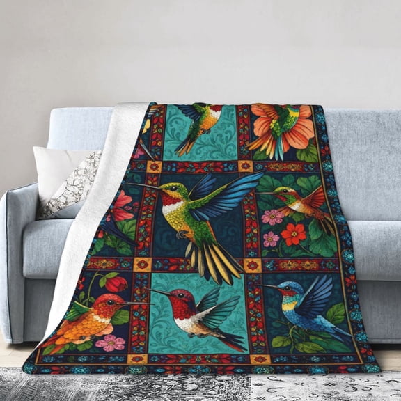 Hummingbird Blanket Gift Throw Blanket Colorful Floral Gift for Bird Lovers Home Decor 50x40