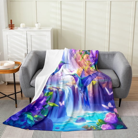Hummingbird Blanket Queen 90x90,Rainbow Birds Throw Blanket,Pink Butterfly Fleece Blanket,Kawaii Animal Fuzzy Blanket,Spring Themed Bed Blanket For Home Room Decor,Soft