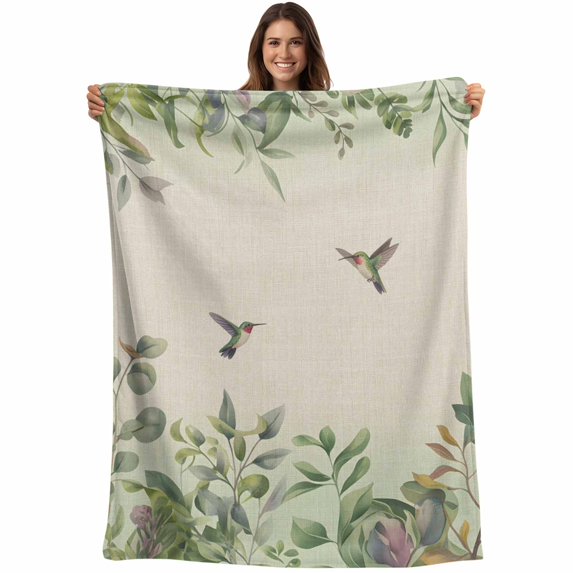 Hummingbird Blanket Soft Cozy Warm Twin Blanket for Bed, Plush Fuzzy Flannel Fleece Blankets for Sofa, Sage Green Botanical Leaf Vintage Botanical Throw Blankets for Couch, Gifts for Men, 60"x80"