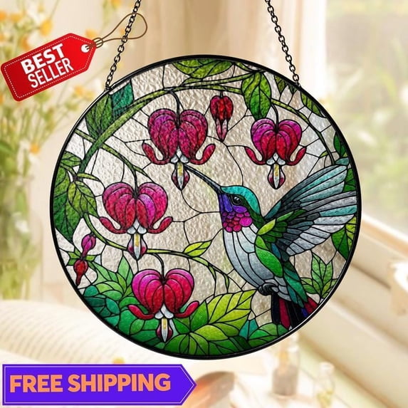Hummingbird & Bleeding Heart Suncatcher, Glass-Effect Window Panel