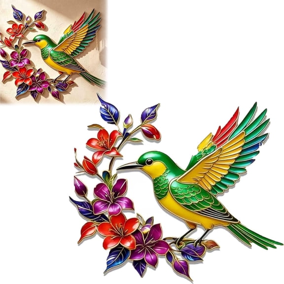 Hummingbird Bloom Metal Wall Art Colorful Handcrafted Circular Nature Decor Rust Resistant Iron Hanging Sculpture For Garden Patio (1Pcs)