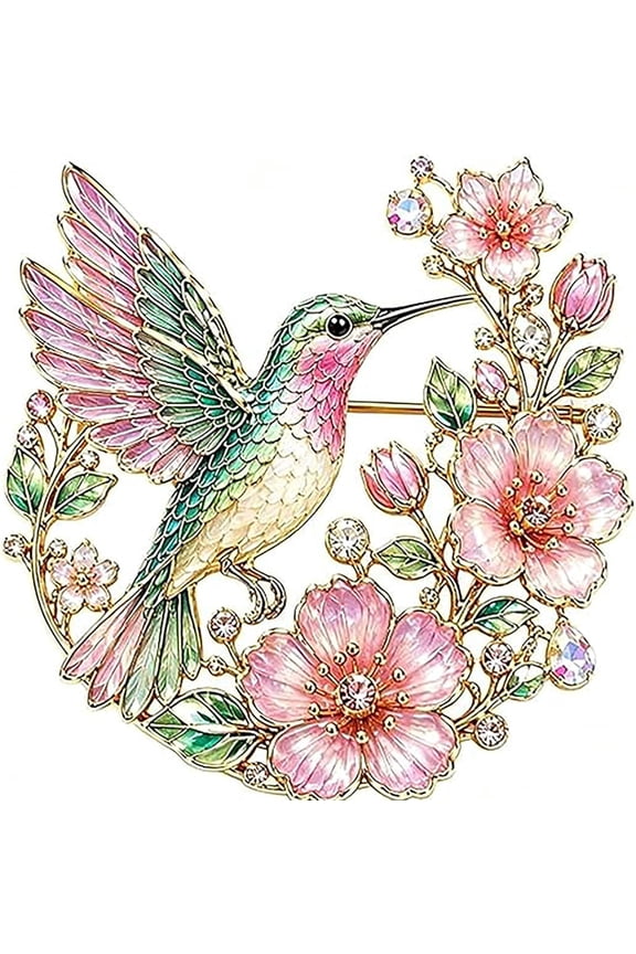 Hummingbird Blossom Brooch, Pink Enamel Bird Flower Pin with Crystal Bird Brooch, Elegant Cute Flower Pin for Clothing Wedding