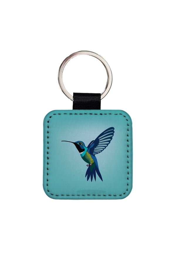 Hummingbird Blue Faux Leather Square Keychain