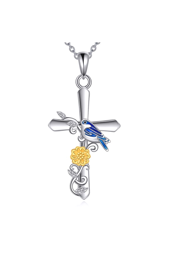 Hummingbird/Blue Jay Necklace Sterling Silver Cross Pendant Necklace Bird Necklace Jewelry Gifts for Women (Blue Jay)
