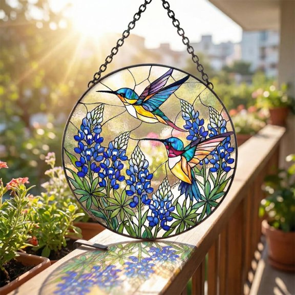 Hummingbird Bluebonnet Texas Glass Suncatcher, Light-Catching Window Hanging, Bird Glass Art, Gift For Mom Or Grandma And Mom, Suncatcher Window Hanging, 7.9 in