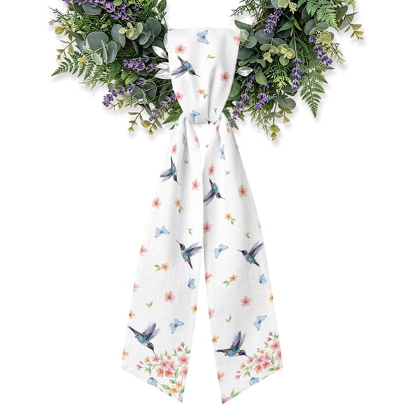 Hummingbird Butterflies Wreath Sash for Front Door, Spring Cherry Floral Botanical Leaf Wreath Bow Holiday Garland Ribbon Wreath Accessories for Home Yard Porch Fall Christmas Decorations Gifts