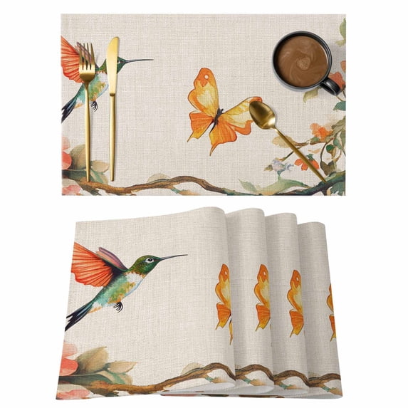 Hummingbird Butterfly Placemats Set of 12, Spring Flowers Bird Non-Slip Place Mats Washable Table Mats for Kitchen Dining Table Decorations Indoor/Outdoor