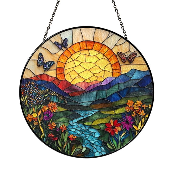 Hummingbird Butterfly Window Hanging Decor, Stained Glass Style Fantasy Garden Suncatcher, Decorative Glass Panel for Windows