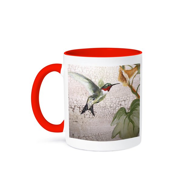 3dRose, Hummingbird By Yellow Trumpet Flower on Crackled Background, 15oz Two-Tone Red Mug