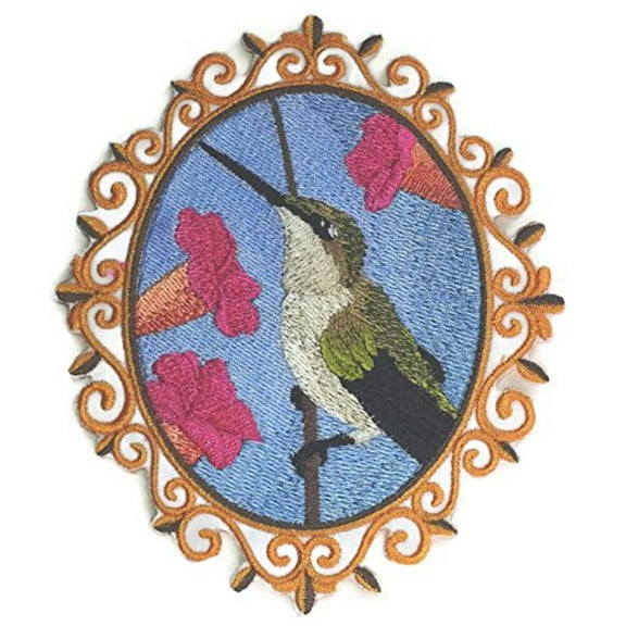 Hummingbird Cameo Embroidered Iron on/Sew patch [5.75" X 4.75"]