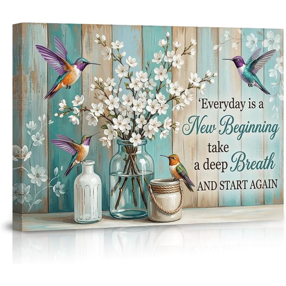Hummingbird Canvas Wall Art Flower Poster Inspirational Quote Everyday is a New Beginning Take a Deep Breath Rustic Teal Wood Floral Farmhouse Decor Living Room