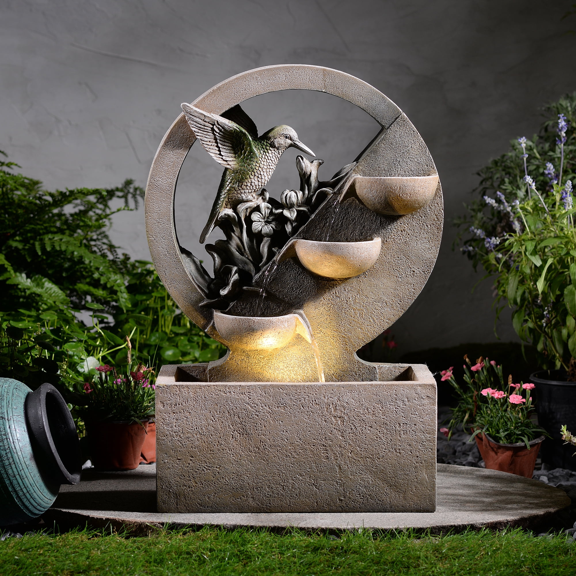 Hummingbird Cascading Bowl Fountain, Decorative Water Fountain with LED Lights and Quiet Pump, Indoor Outdoor Water Feature for Patio, Garden, Deck, Balcony, Office and Home Décor
