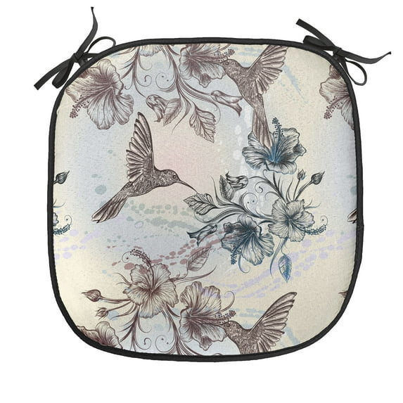 Hummingbird Chair Seating Cushion, Birds and Hibiscus Flowers Nostalgia Antique Design Classical Print, Soft Seat Pads for Office with Anti-slip Backing, 16"x16", Teal Brown, by Ambesonne