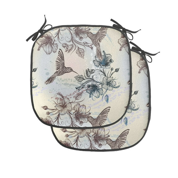 Hummingbird Chair Seating Cushion Set of 2, Birds and Hibiscus Flowers Nostalgia Antique Design Classical Print, Seat Pads for Office with Anti-slip Backing, 16"x16", Teal Brown, by Ambesonne