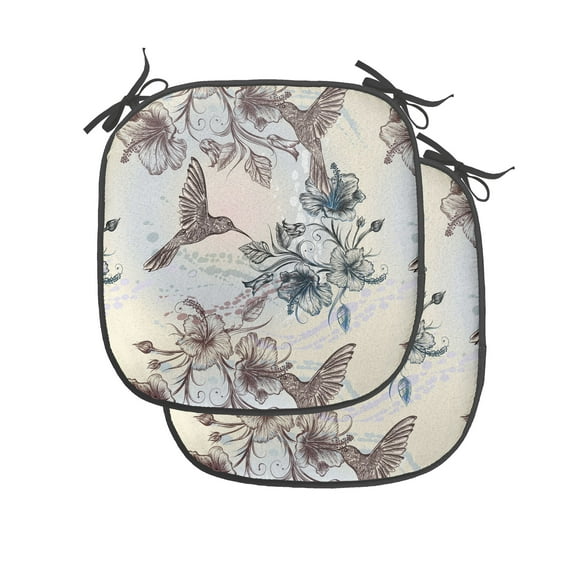 Hummingbird Chair Seating Cushion Set of 4, Birds and Hibiscus Flowers Nostalgia Antique Design Classical Print, Seat Pads for Office with Anti-slip Backing, 16"x16", Teal Brown, by Ambesonne