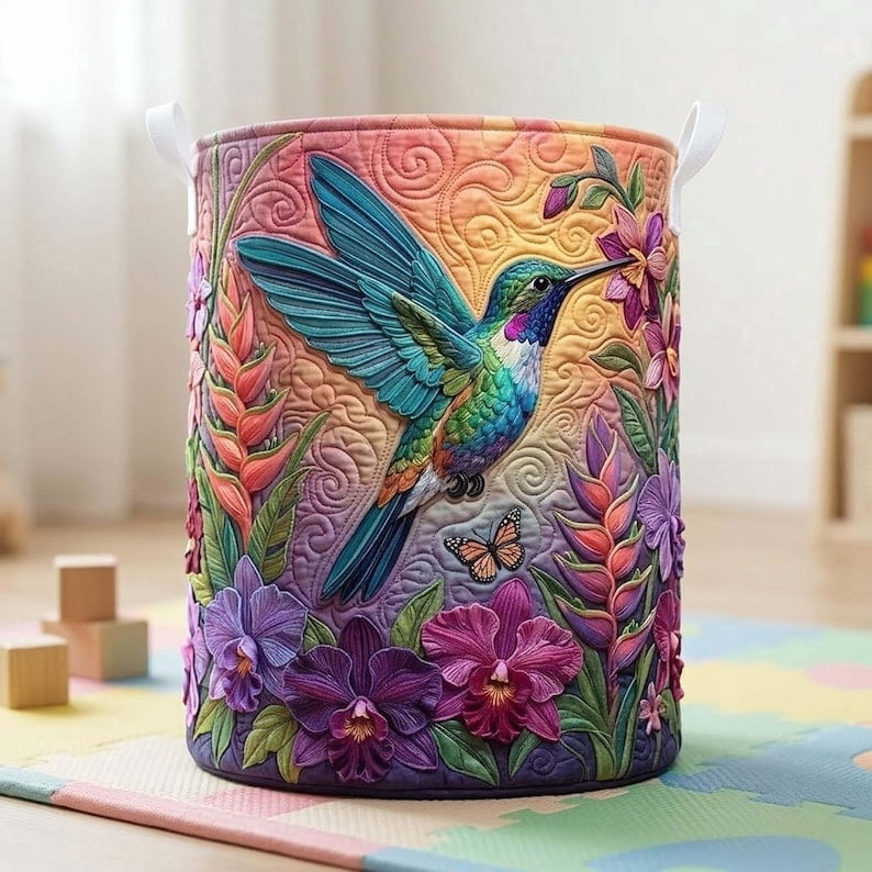 Hummingbird Charm Quilted Laundry Basket: Bird and Flower Field Hamper, Natural Lover Storage Bin