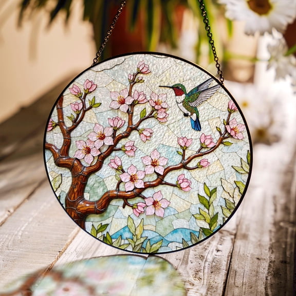 Hummingbird & Cherry Blossom Round Stained Glass Style Suncatcher, Window Decor Gift for Mom