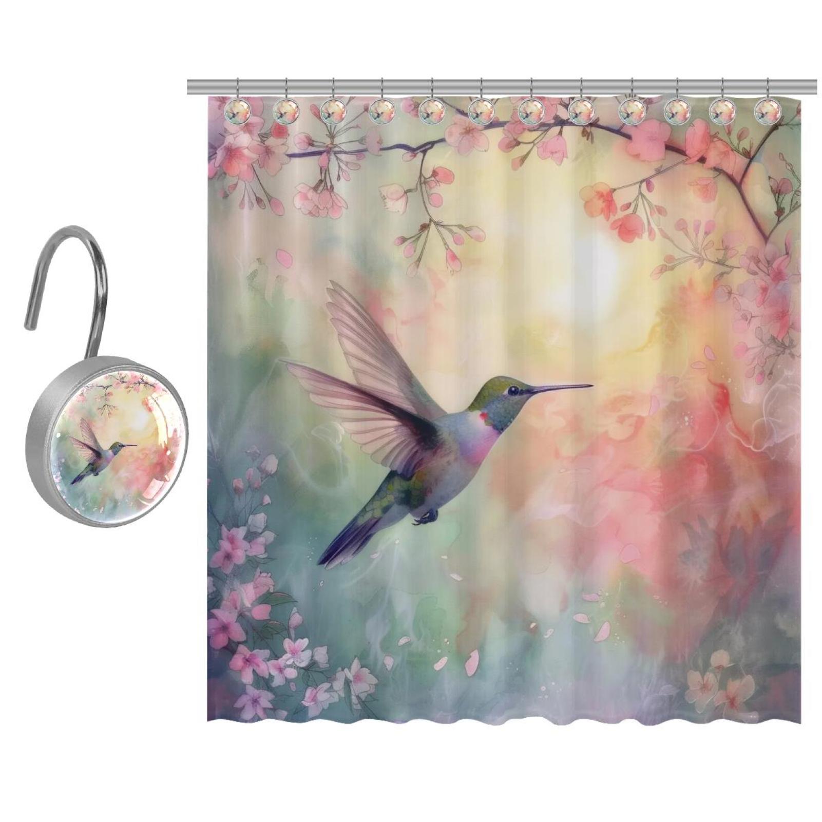 Hummingbird Cherry Blossom Shower Curtain for Bathroom with 9 Hooks