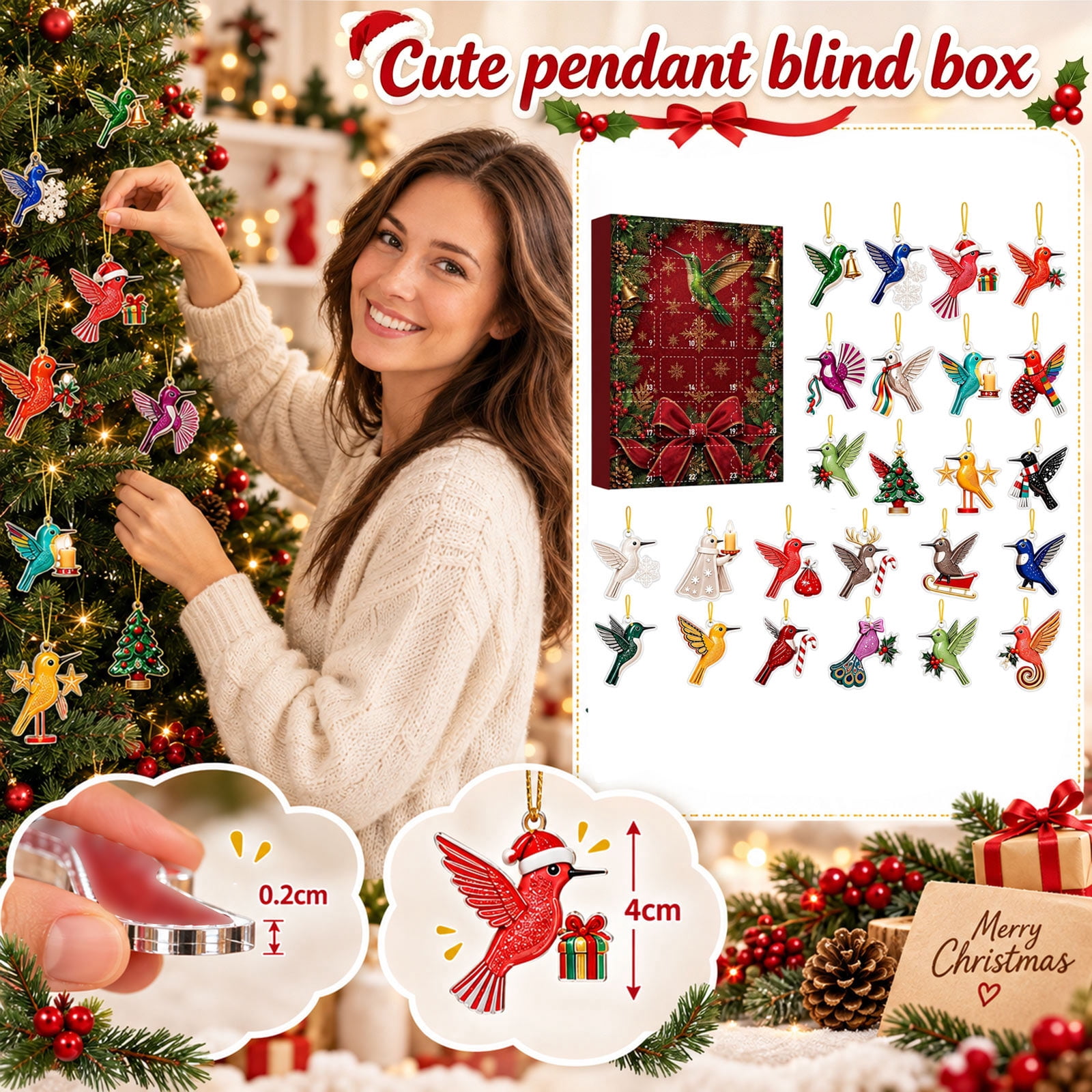 Hummingbird Christmas Advent Calendar, 2D Flat Bird Ornaments, Daily ...