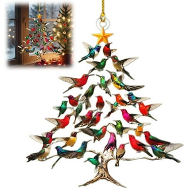 Hummingbird Christmas Ornament,Hummingbird Ornament Christmas,Stained Glass Acrylic Winter Stacking Tree Hanging Ornament,Hummingbird Ornament Hanging for Xmas Tree for Hummingbird Lover