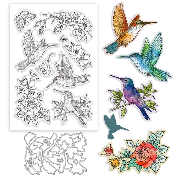 Hummingbird Clear Stamp and Cutting Dies Set for Card Making Spring Flowers Roses Silicone Clear Stamp Metal Birds Butterfly