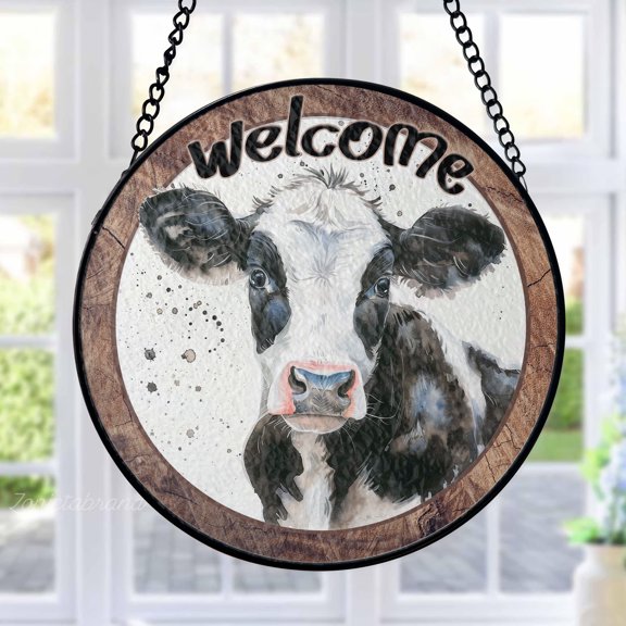 Welcome Cow Stained Glass Suncatcher Metal Outdoor Decor Watercolor Farmhouse Rustic Black White Brown