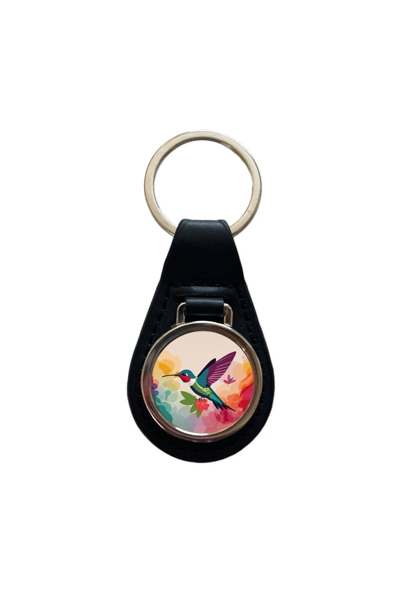Hummingbird Colorful with Flowers Metal Black Leather Keychain