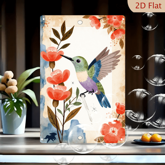 Hummingbird and Coral Flowers Vertical Art Print, 8x12 inch Watercolor Ink Style Metal Wall Decor with Parchment Background for Home Office Living Room