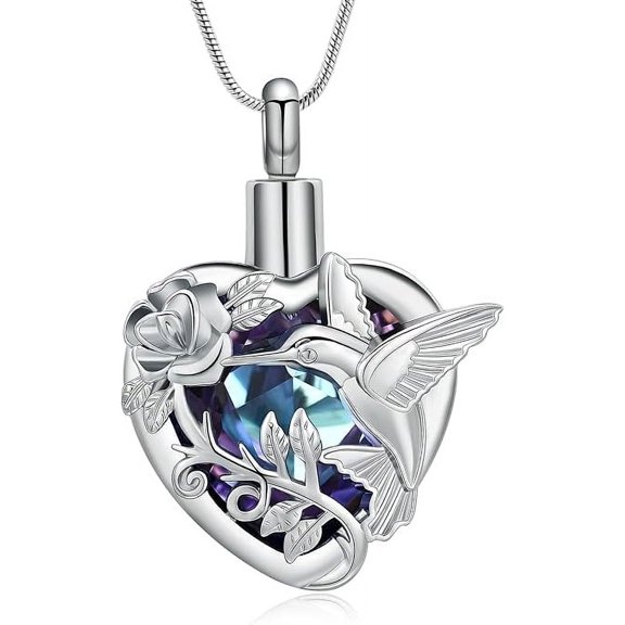 Hummingbird Cremation Jewelry Crystal Heart Urn Ashes Necklace for Women Men Birthstone Heart Ashes Necklace for Human / Pet