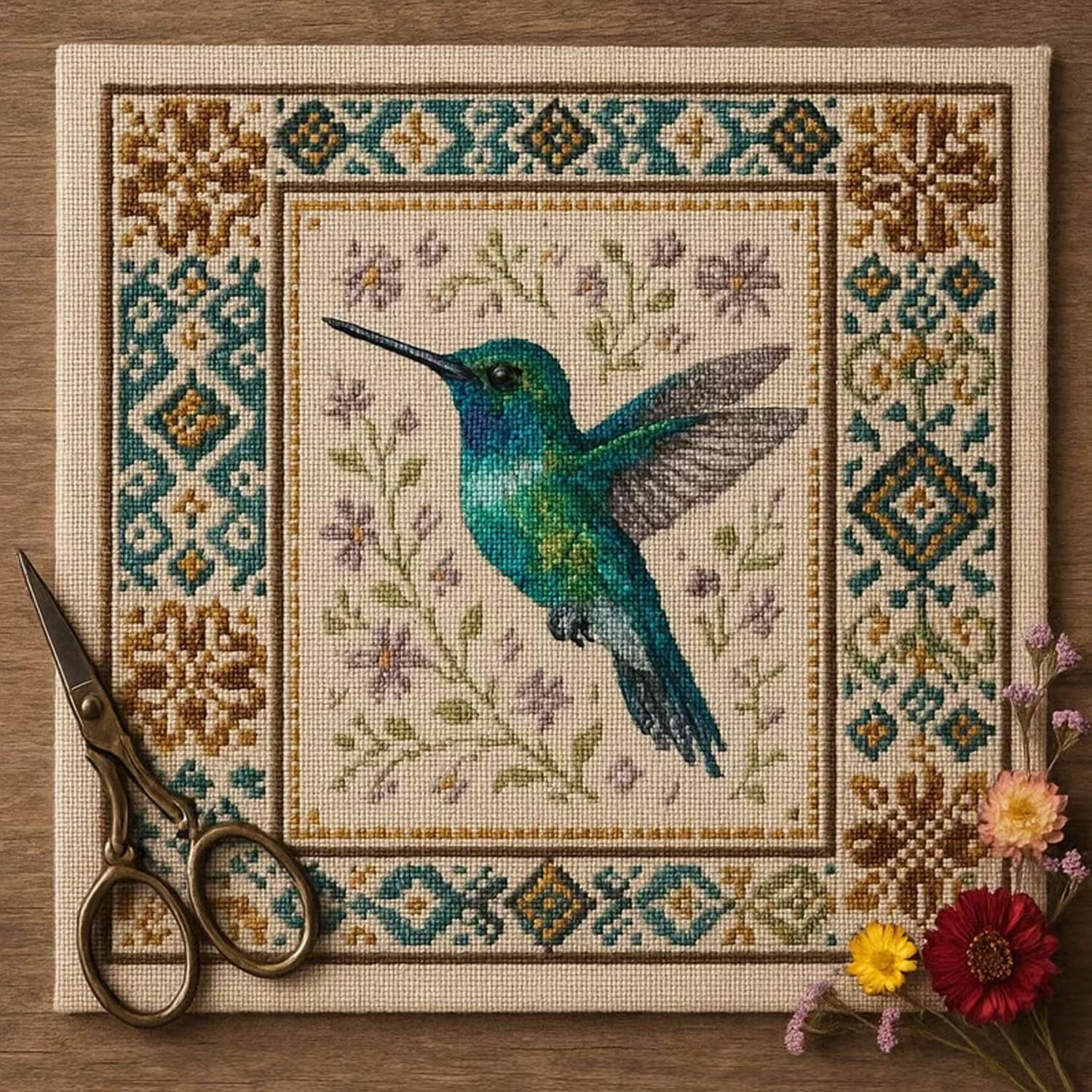 Hummingbird Cross Stitch Kit with Floral Pattern, Cardinal Cross Stitch Kit Personalized Bird Embroidery Kit for Adults Beginners, DIY Needlepoint Home Wall Art Decoration Gift