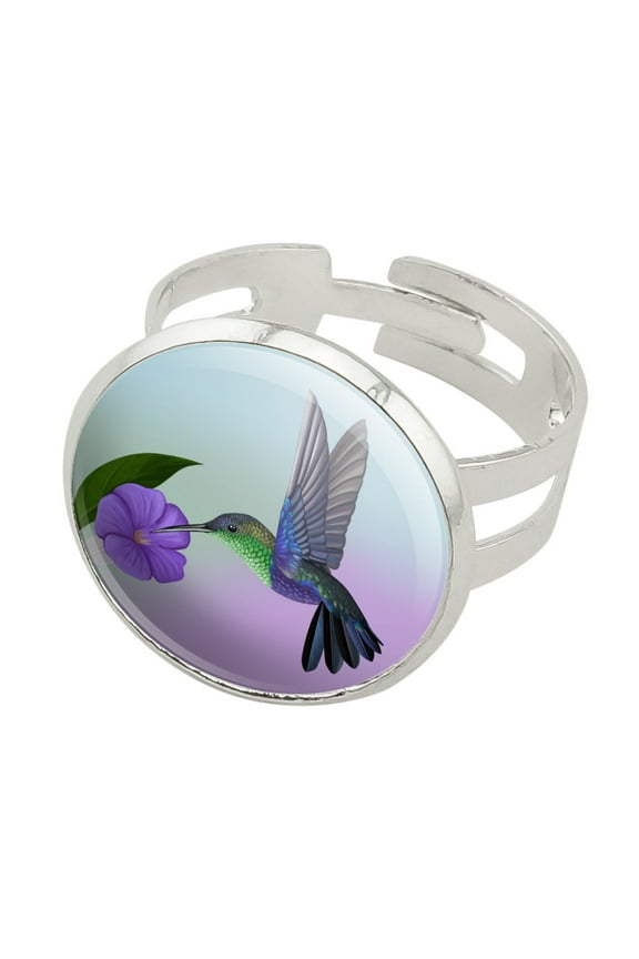Hummingbird Crowned Woodnymph Purple Violet Silver Plated Adjustable Novelty Ring