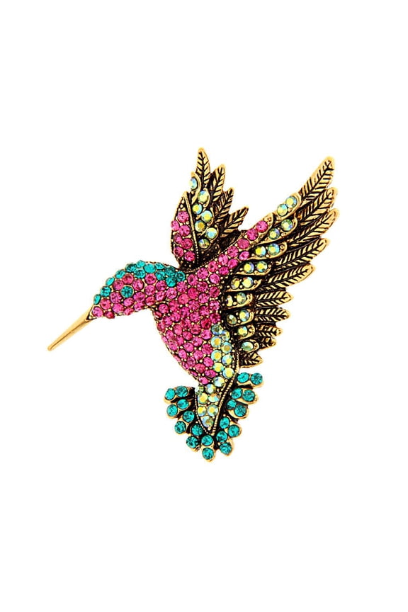 Hummingbird Crystal Brooch Pin Corsage with Sparkly Multicolor Rhiness, Unique Bird Lapel Pins Costume Jewelry for Women