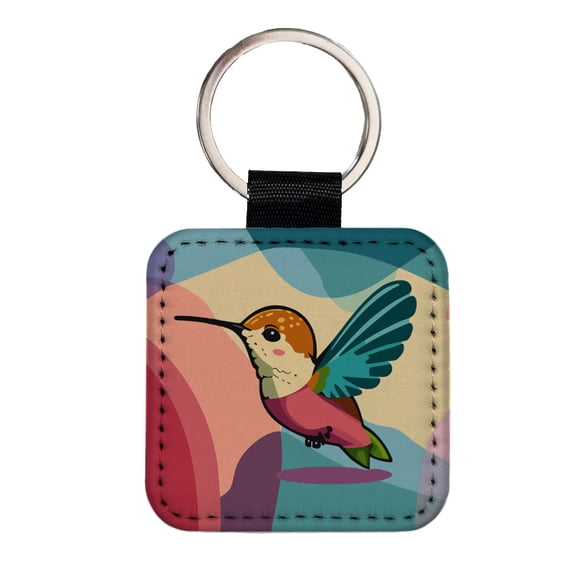 Hummingbird Cute Faux Leather Square Keychain